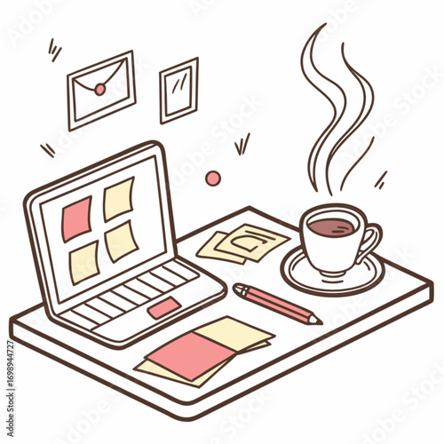Isometric Workspace Illustration: Laptop Coffee and Notes on Desk.