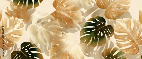 Obraz  z motywem Tropical leaves, light beige background, in muted tones of gold, beige and green