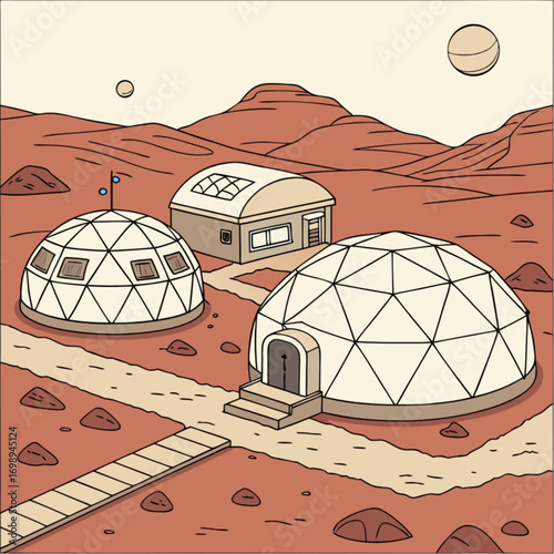 Martian Outpost Domes: Cartoonish Martian Habitat Complex.