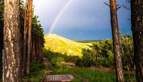 Rainbow over a dune, forest path