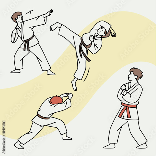 Dynamic martial arts training poses: people in white gis with black and red belts practicing karate.
