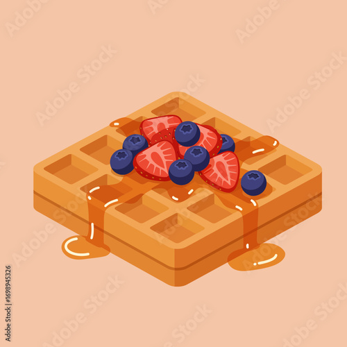 Delicious waffle with fresh strawberries and blueberries, drizzled with syrup for a perfect breakfast or brunch treat, ready to enjoy