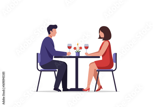 Elegant couple enjoying a romantic candlelit dinner with wine, perfect for Valentine's Day promotions or date night concepts, originally a scalable vector graphic