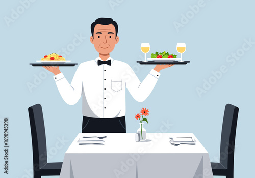 Attentive waiter serving delicious pasta and salad with wine at elegant restaurant table setting for romantic dinner
