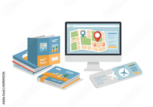 Plan your next getaway with ease, browse travel brochures, tickets, and a map on a computer screen for an unforgettable vacation experience