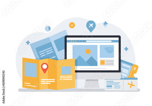 Plan your adventure travel online with a destination map, flight tickets, and a computer screen showing vacation deals for wanderlust inspiration