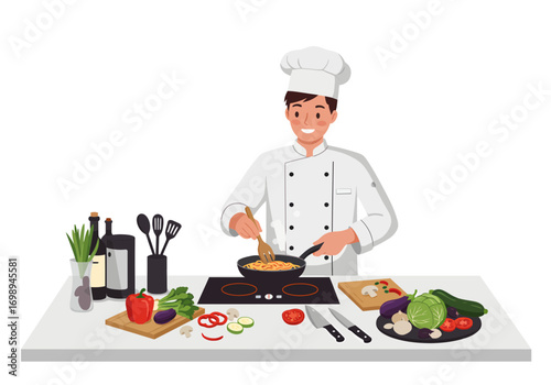Cheerful chef cooking delicious pasta with fresh vegetables and herbs, creating healthy meals in a modern kitchen, culinary arts experience