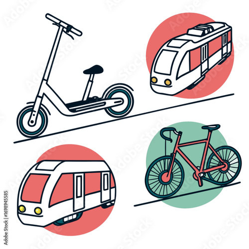Transportation Icons: Scooter Train and Bicycle with Circular Color Accents.