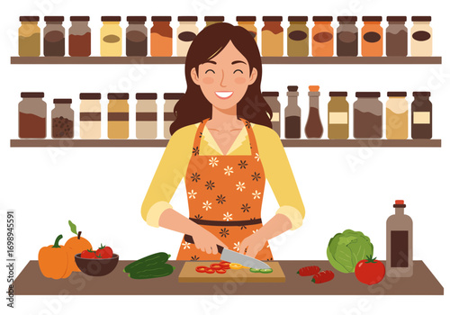Cheerful woman preparing fresh vegetables in a cozy kitchen, perfect for healthy eating lifestyle content and culinary blogs, originally created as scalable vector