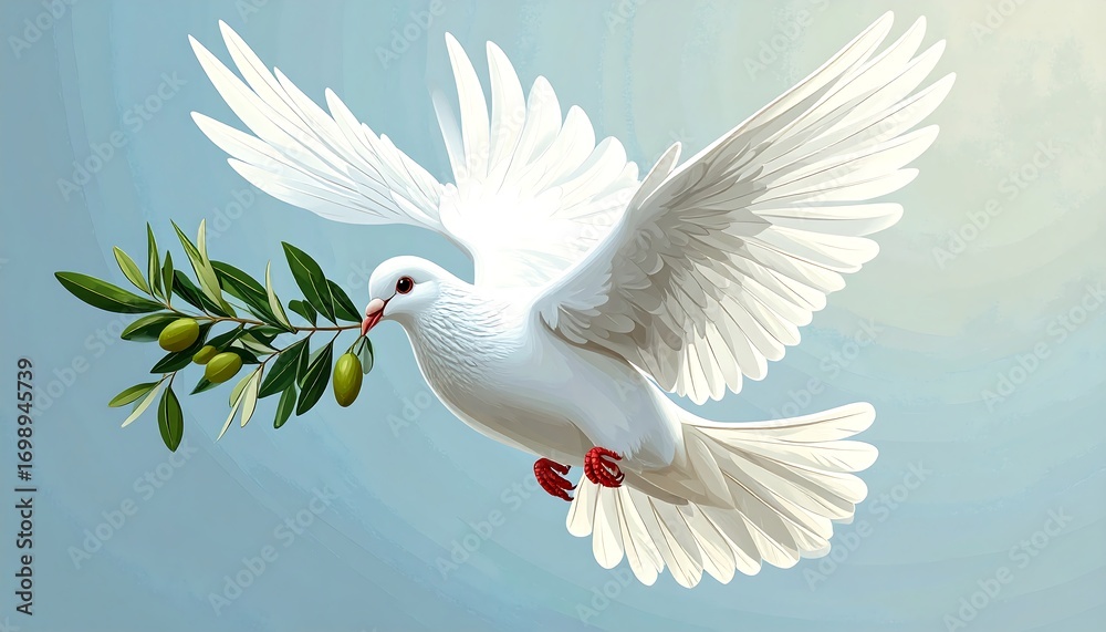 Fototapeta premium White dove with olive branch in flight