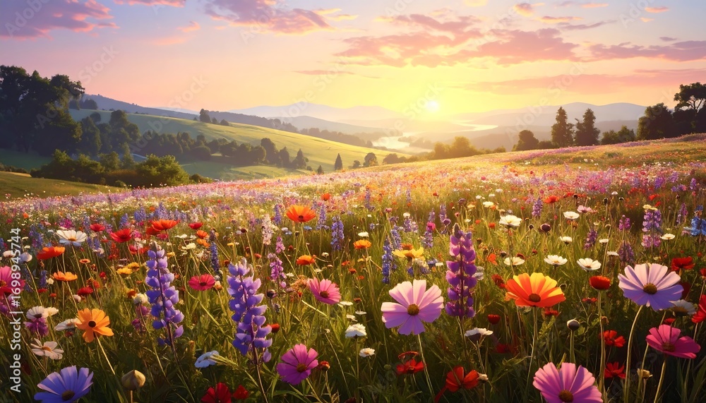 Obraz premium A vibrant field of wildflowers bursts forth under a radiant sunrise, showcasing a landscape of varied colors and textures.