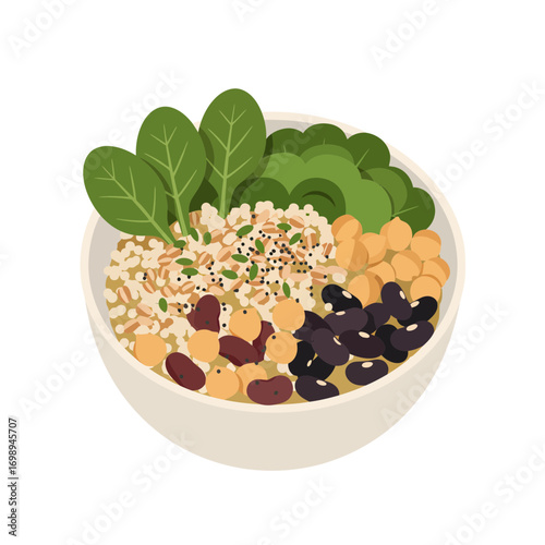 Delicious and vibrant grain bowl with fresh spinach, beans, and chickpeas for healthy eating, showcasing wholesome vegetarian cuisine in a modern style
