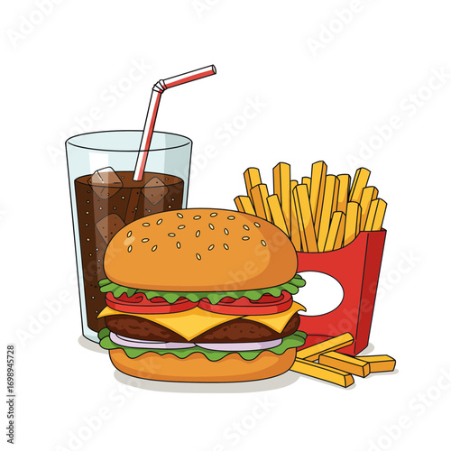 Delicious burger with crispy fries and refreshing cola is perfect for food promotions, restaurant menus, and fast food advertisements, mouthwatering!