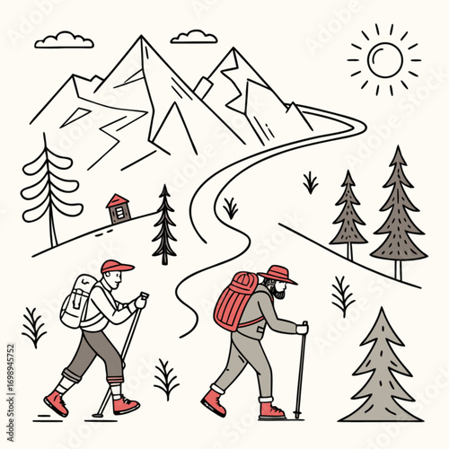 Two Hikers Trekking Uphill on a Mountain Trail with Backpacks and Hiking Poles.