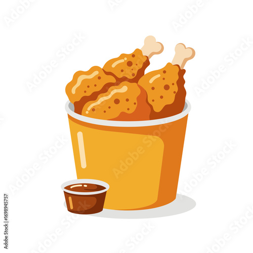 Crispy fried chicken drumsticks in a bucket with dipping sauce, perfect for takeout menus, fast food ads, or food illustrations, originally from vector art