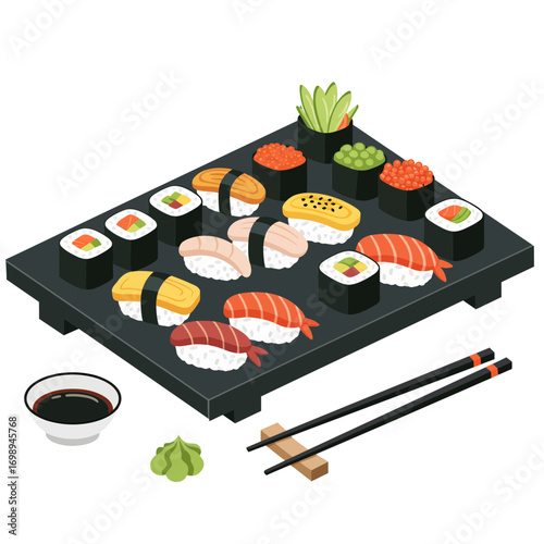 Delightful sushi platter with vibrant nigiri and maki rolls, complete with soy sauce and wasabi, presented in a modern style for restaurants and food blogs