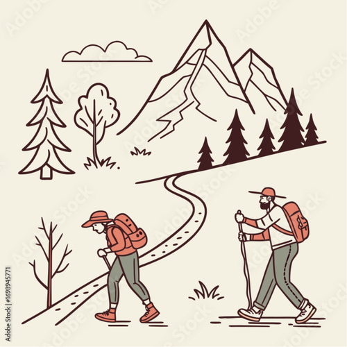 Two Hikers on a Mountain Trail Illustrated with Backpacks and Hiking Poles.