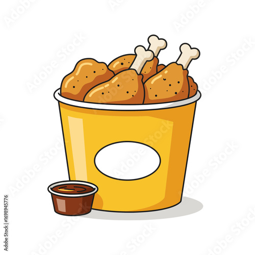 Delicious bucket of crispy fried chicken with dipping sauce, perfect for fast food menus, takeout promotions, and mouthwatering food illustrations