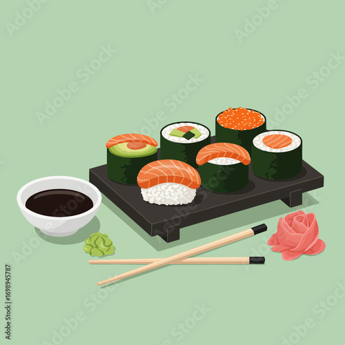 Delicious sushi assortment with salmon and avocado served on wooden board with soy sauce, wasabi, ginger, and chopsticks ready to eat