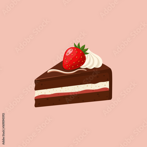 Delicious slice of chocolate cake with fresh strawberry and cream, perfect for birthdays, celebrations, or sweet treats, tempting indulgence, vector dessert