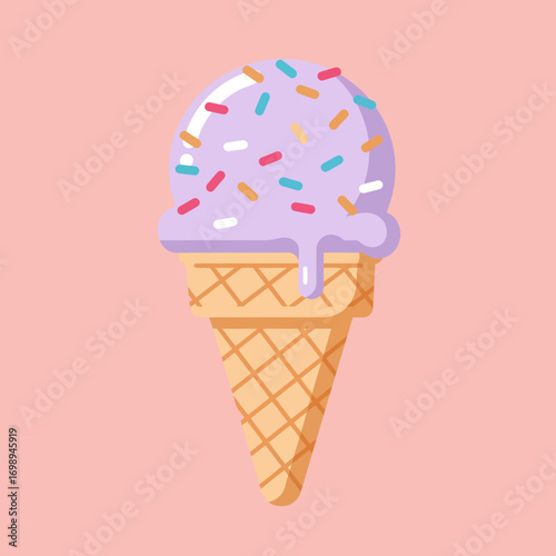 Delicious lavender ice cream cone with colorful sprinkles, a sweet treat for summer fun, perfect for posters, banners, and social media marketing campaigns