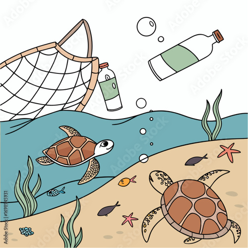 Two Cartoon Turtles Swimming in Ocean with Plastic Pollution and Fishing Net.