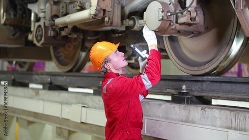 Railway Transportation Inspector With Engineer Checking and Maintaining part of train in station. engineers for electric trains use searchlights to locate and check condition under sections.