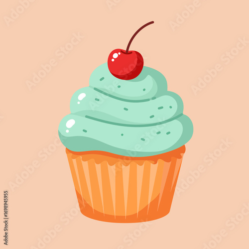 Delightful whimsical cupcake with mint frosting and cherry on top adds a touch of sweetness to any design, perfect for celebrations and treats