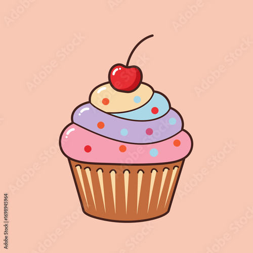 Delicious cupcake with cherry illustration, perfect for dessert lovers, bakery promotions, and sweet treat designs, showcasing vibrant colors and whimsical charm