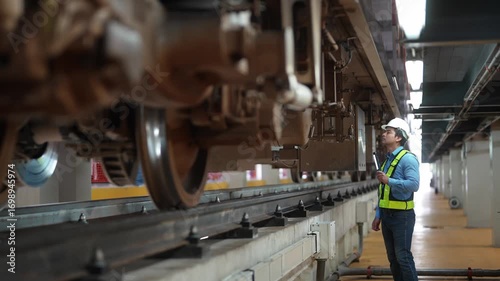 Railway Transportation Inspector With Engineer Checking and Maintaining part of train in station. engineers for electric trains use searchlights to locate and check condition under sections.