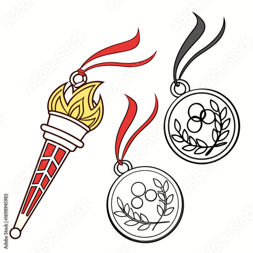 Stylized Olympic torch with yellow flame two silver medals featuring laurel wreaths and rings hanging from ribbons.