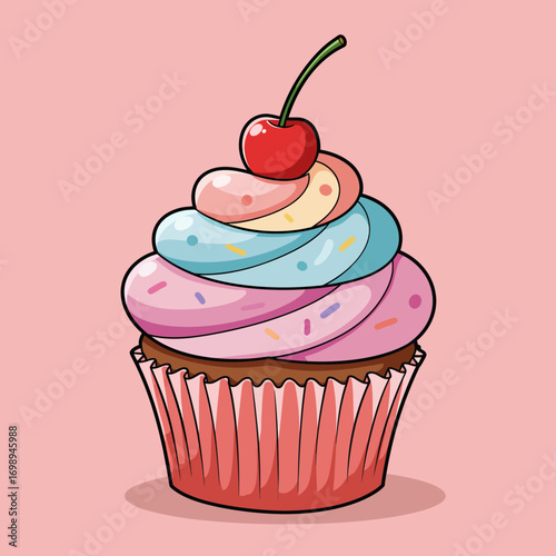 Delicious colorful cupcake with cherry on top, sweet dessert treat perfect for birthdays, parties, bakeries, and food blogs craving a cute illustration