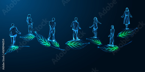 Eco leadership and sustainability teamwork concept with people standing on digital green leaves