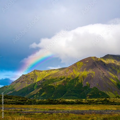 Rainbow over a landscape of rolling hills