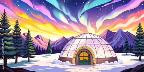 Ice igloo style cabin under northern lights, glowing sky above frozen wilderness, magical winter retreat