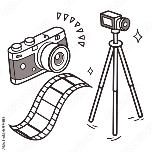 Monochrome illustration of photography and videography equipment: compact digital camera video camera on tripod and film strip.