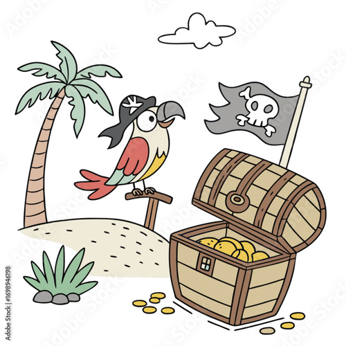 Cartoon pirate parrot in a hat guarding an open wooden treasure chest full of gold coins on a tropical island with a Jolly Roger flag.