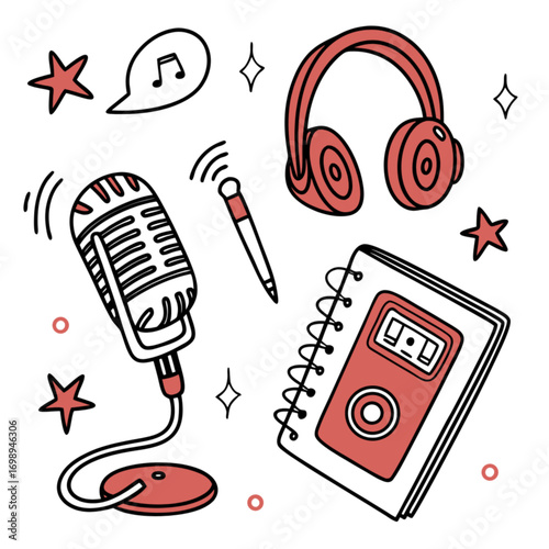 Hand-drawn podcasting and music creation doodle icons with microphone headphones and recorder.