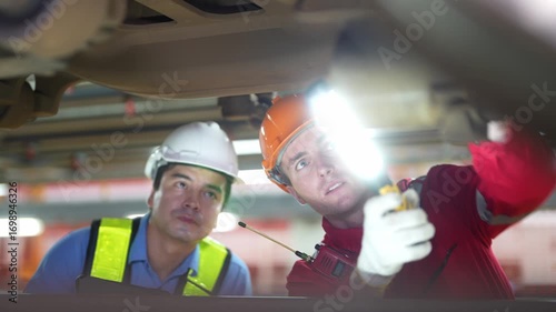 Engineers for electric trains After detecting difficulties with the electric train's machinery use searchlights to locate and check damaged sections. In the electric train repair shop