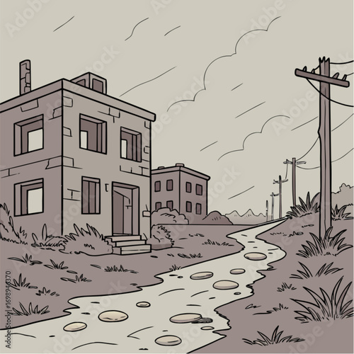 Ruined Two-Story Stone Building Weathered Exterior Empty Windows Simple Line Art Style.