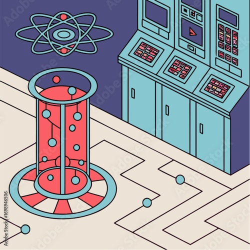 Isometric Illustration of a Red and Blue Scientific Reactor Chamber.
