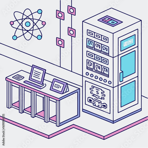 Modern isometric server rack and computer desk setup detailed line art illustration with blue and purple accents.