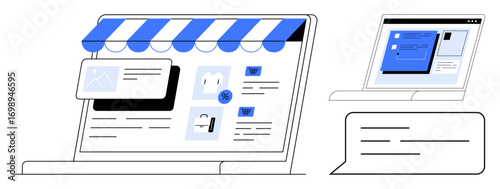 Laptop with online storefront featuring products under awning, pop-up chat box, messaging, and details. Ideal for e-commerce, UX design, retail, customer support, website design interaction simple