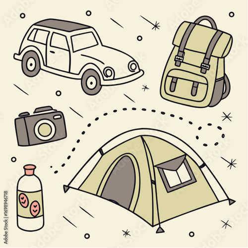 Hand-drawn doodle style camping and travel essentials collection with car tent backpack camera bottle.