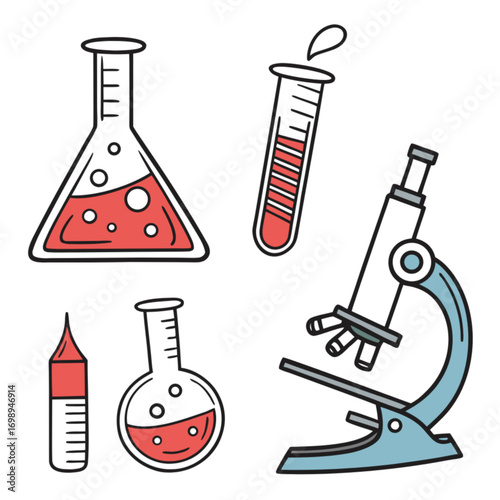 Hand-drawn doodle set of science laboratory equipment including flasks with red liquid a test tube and a blue microscope.