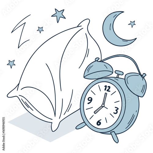Cute Cartoon Pillow and Alarm Clock Illustrating Sleep Time.