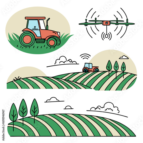 Modern Farming Technology and Agricultural Landscapes Vector Illustration Set.