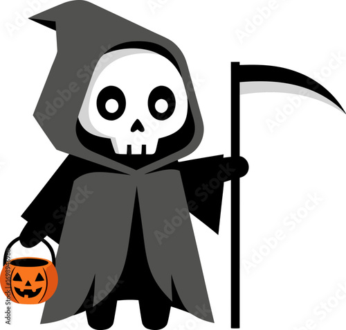 Playful cartoon illustration of a cute grim reaper holding a pumpkin lantern and a scythe. Perfect for Halloween party invitations, decorations, merchandise, and digital projects.
