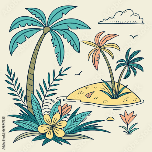 Stylized hand-drawn tropical island illustration with colorful palm trees lush foliage and exotic frangipani flowers.