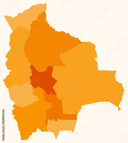Map of Bolivia with regions. Just a simple country border map with region division. Orange color palette. Blank Bolivia shape with administrative division. Vector illustration.